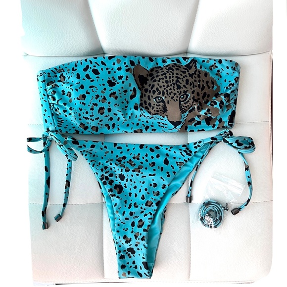 Victoria's Secret Swim Set Strappy Ruched Brazilian Blue Leopard 2 Piece S NEW - Picture 7 of 14